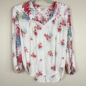 Lucky Brand Top Womens Small Floral Shirt White Red Boho Hippie V-Neck Blouse